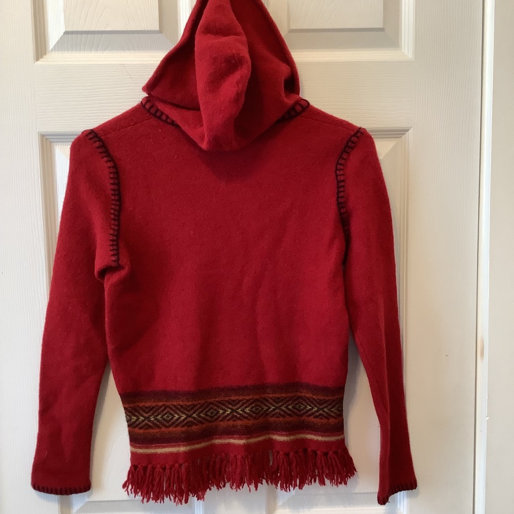 Jones New York Sport Red Lambswool Fringe Hooded Sweater Southwestern Small - Picture 5 of 8